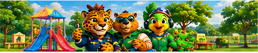 Mascotes da BrasilLink Host em uma cena temática do Dia das Crianças